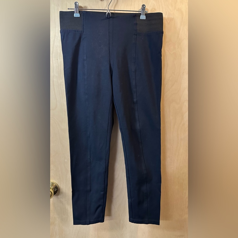 Ann Taylor dressy navy blue pants, size L, elastic waist, skinny legs, business